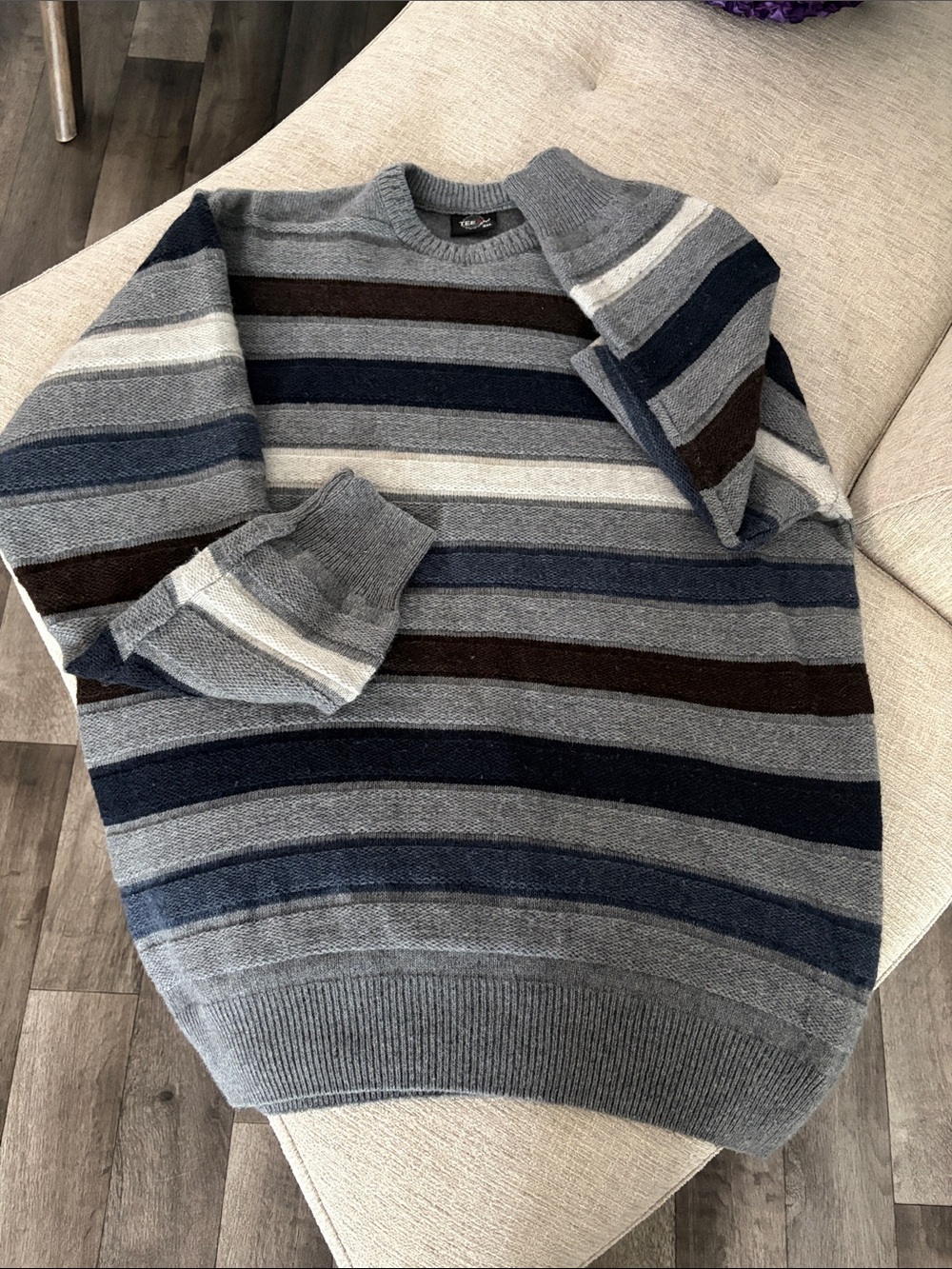 Men's Striped Crewneck Sweater in Gray, Blue & Brown